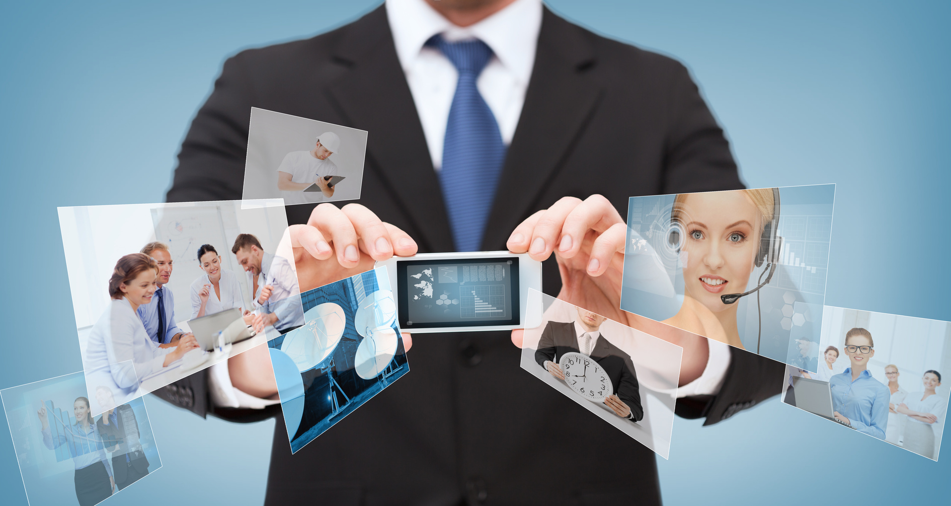 business, internet and technology concept - businessman showing smartphone with news on screen